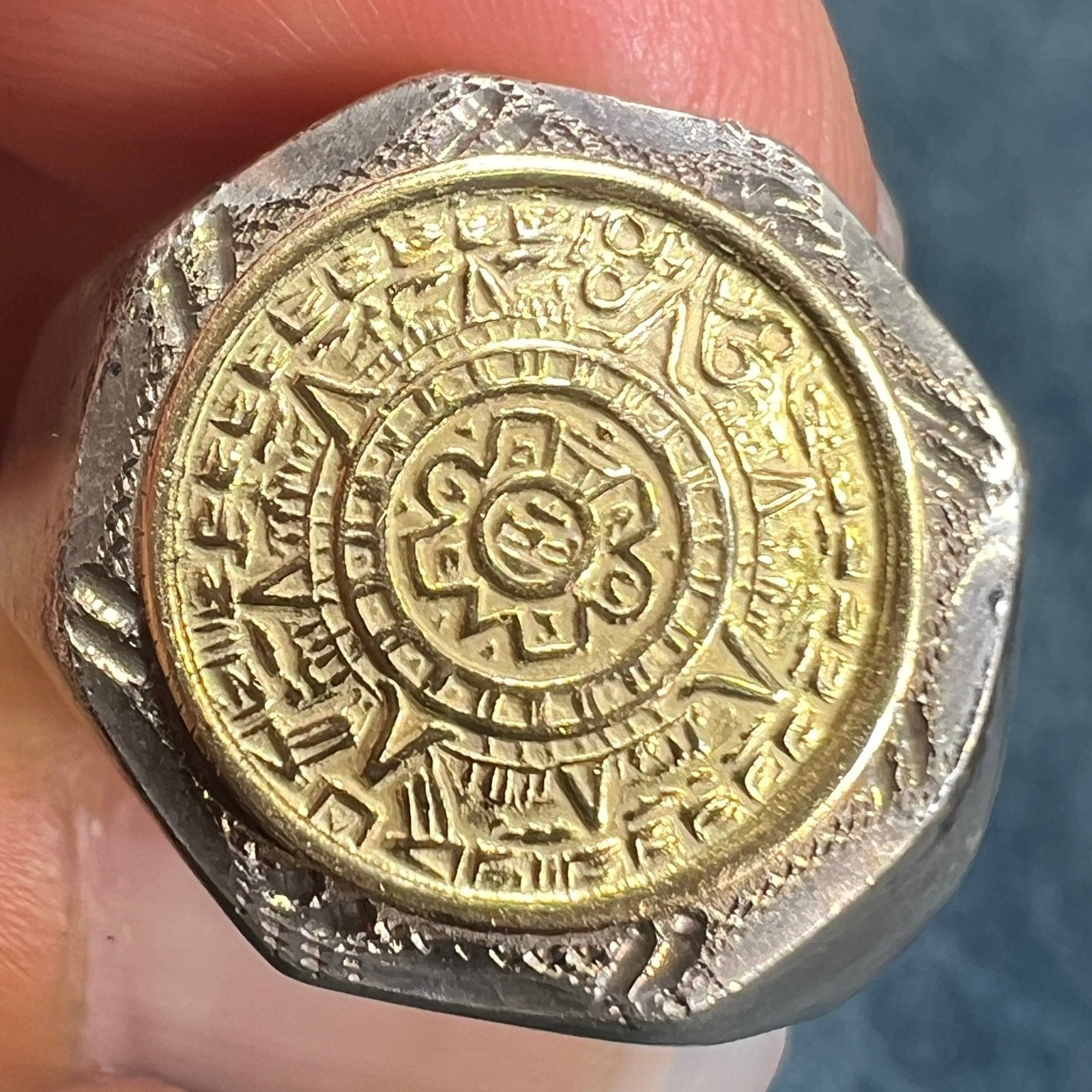 14k Yellow Gold & 925 Mayan Aztec Calendar Ring. Octagonal 11g