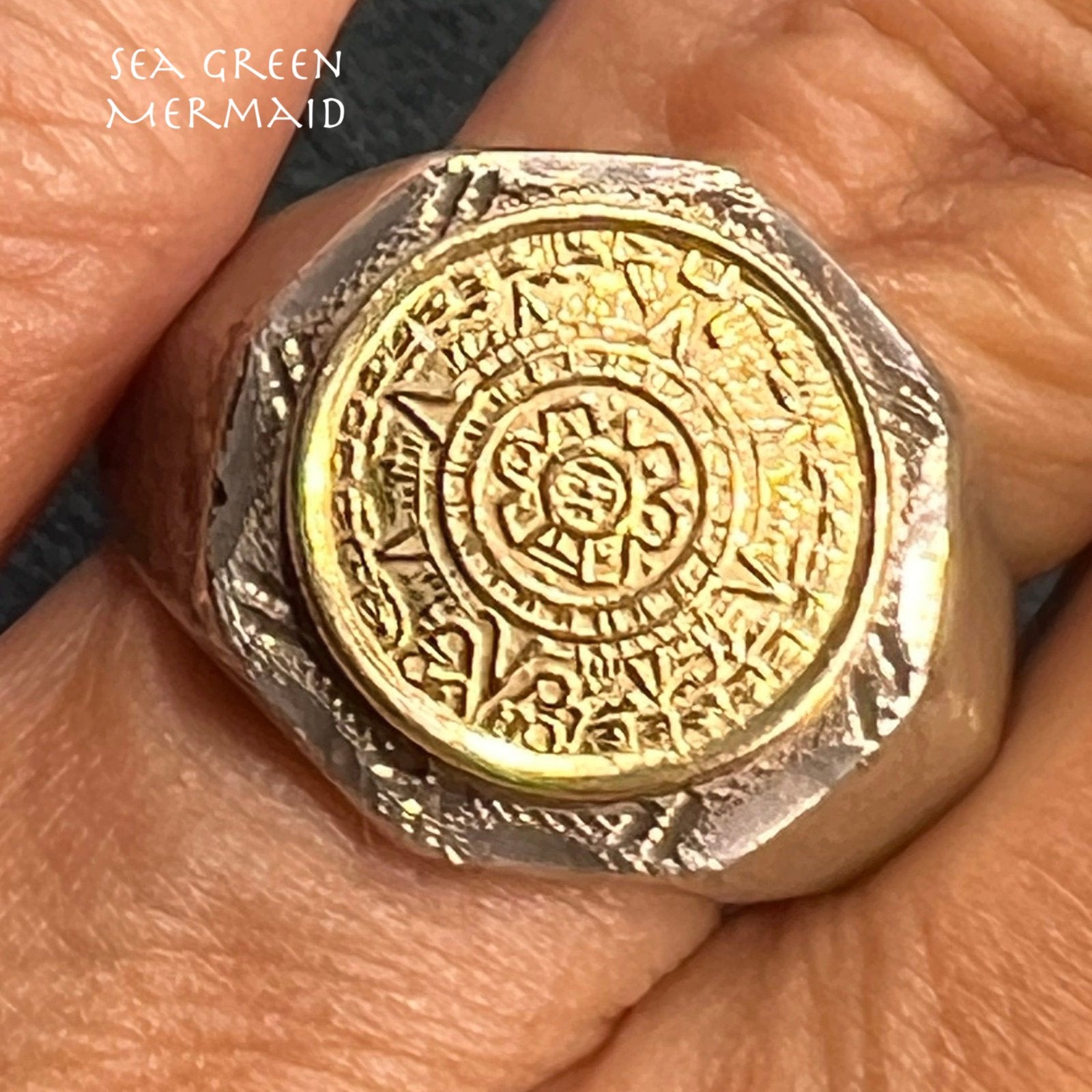 14k Yellow Gold & 925 Mayan Aztec Calendar Ring. Octagonal 11g