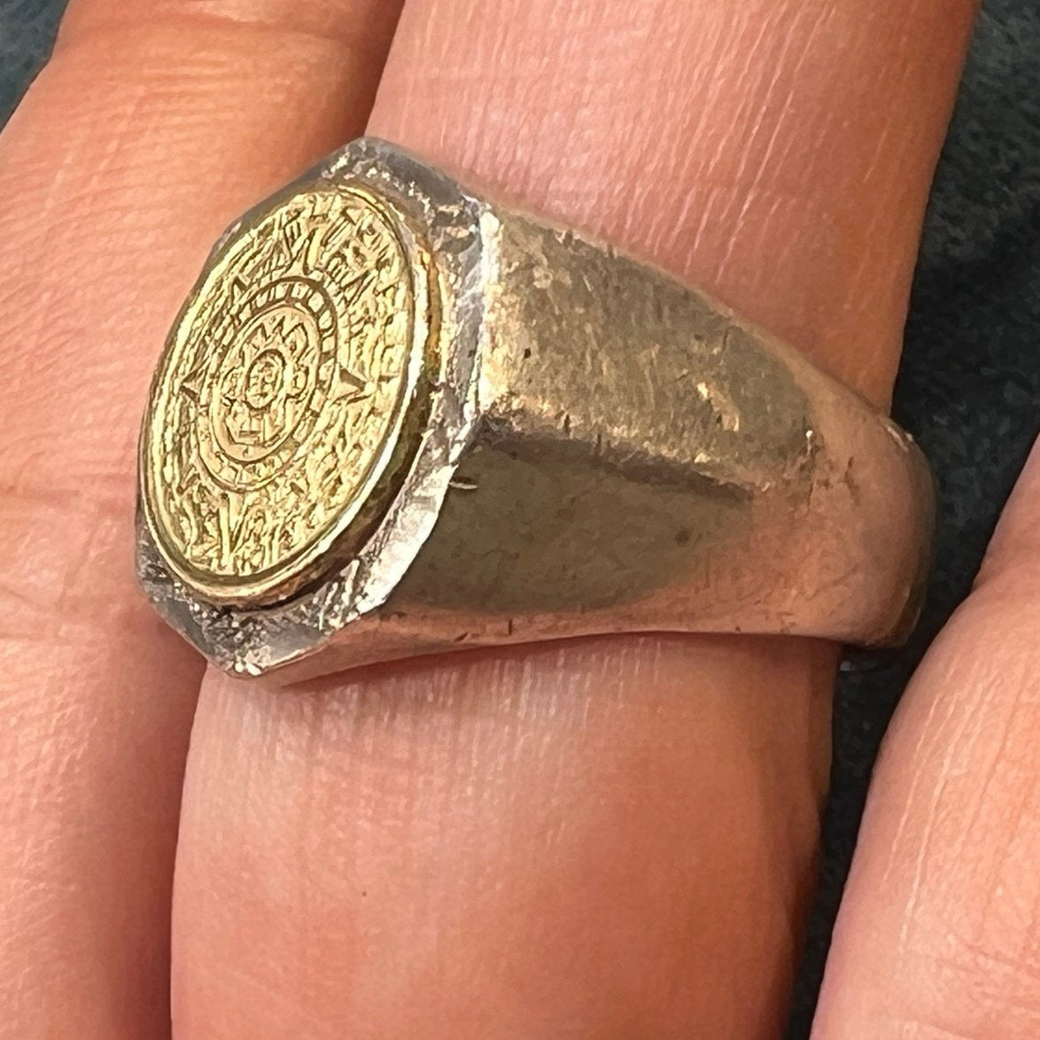 14k Yellow Gold & 925 Mayan Aztec Calendar Ring. Octagonal 11g