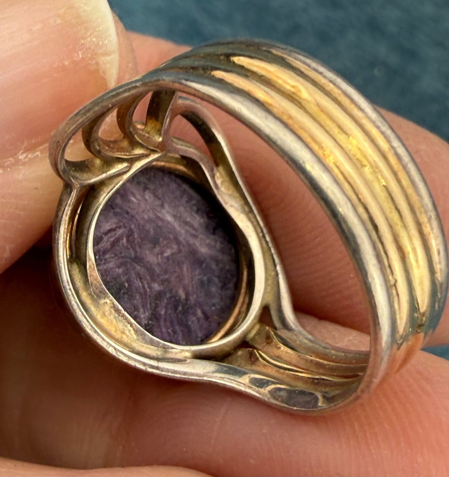 14k Yellow Gold + 925 Silver Charoite Ring. Lavender Purple Swirl