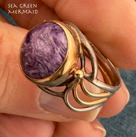 14k Yellow Gold + 925 Silver Charoite Ring. Lavender Purple Swirl