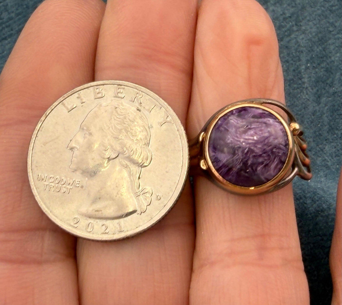 14k Yellow Gold + 925 Silver Charoite Ring. Lavender Purple Swirl