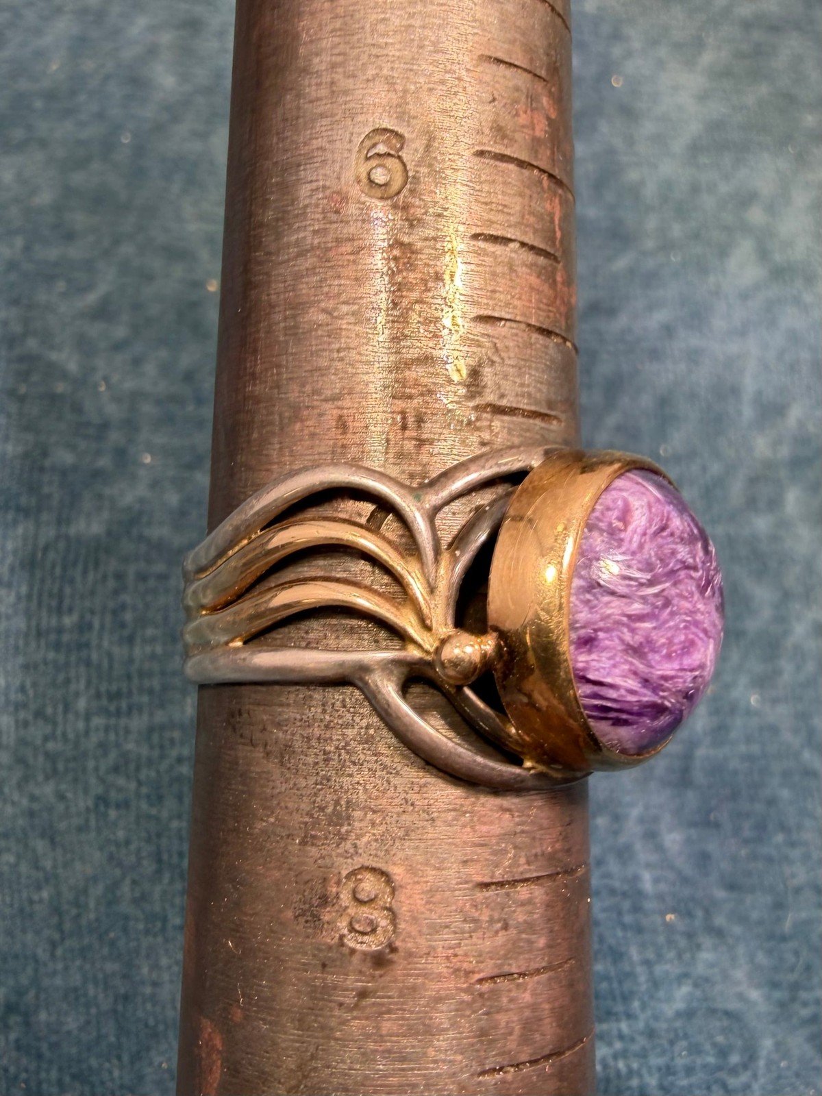 14k Yellow Gold + 925 Silver Charoite Ring. Lavender Purple Swirl