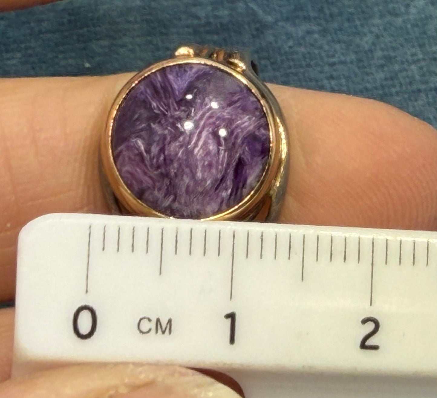 14k Yellow Gold + 925 Silver Charoite Ring. Lavender Purple Swirl