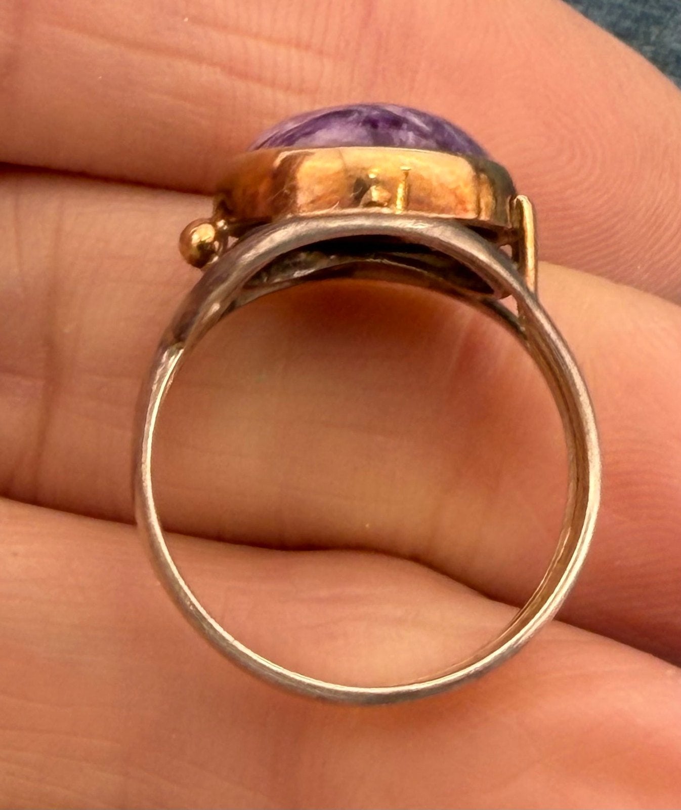 14k Yellow Gold + 925 Silver Charoite Ring. Lavender Purple Swirl