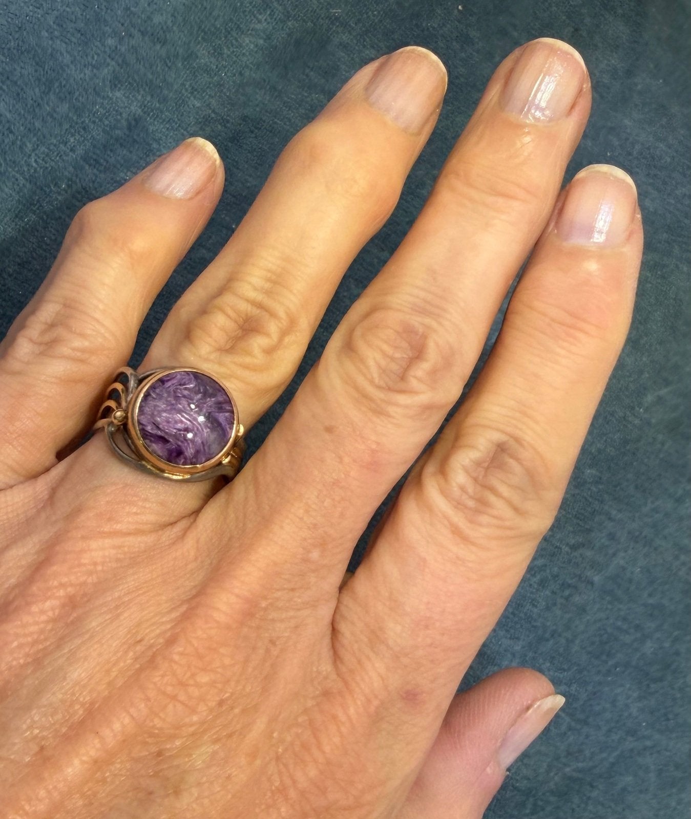 14k Yellow Gold + 925 Silver Charoite Ring. Lavender Purple Swirl