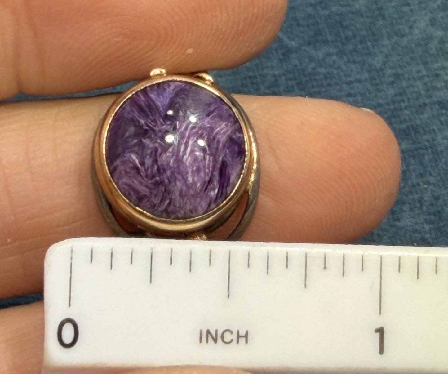 14k Yellow Gold + 925 Silver Charoite Ring. Lavender Purple Swirl