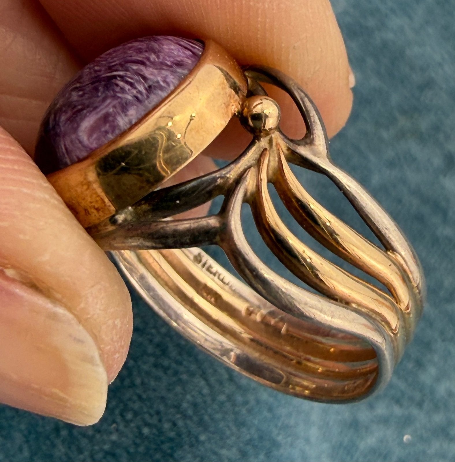 14k Yellow Gold + 925 Silver Charoite Ring. Lavender Purple Swirl
