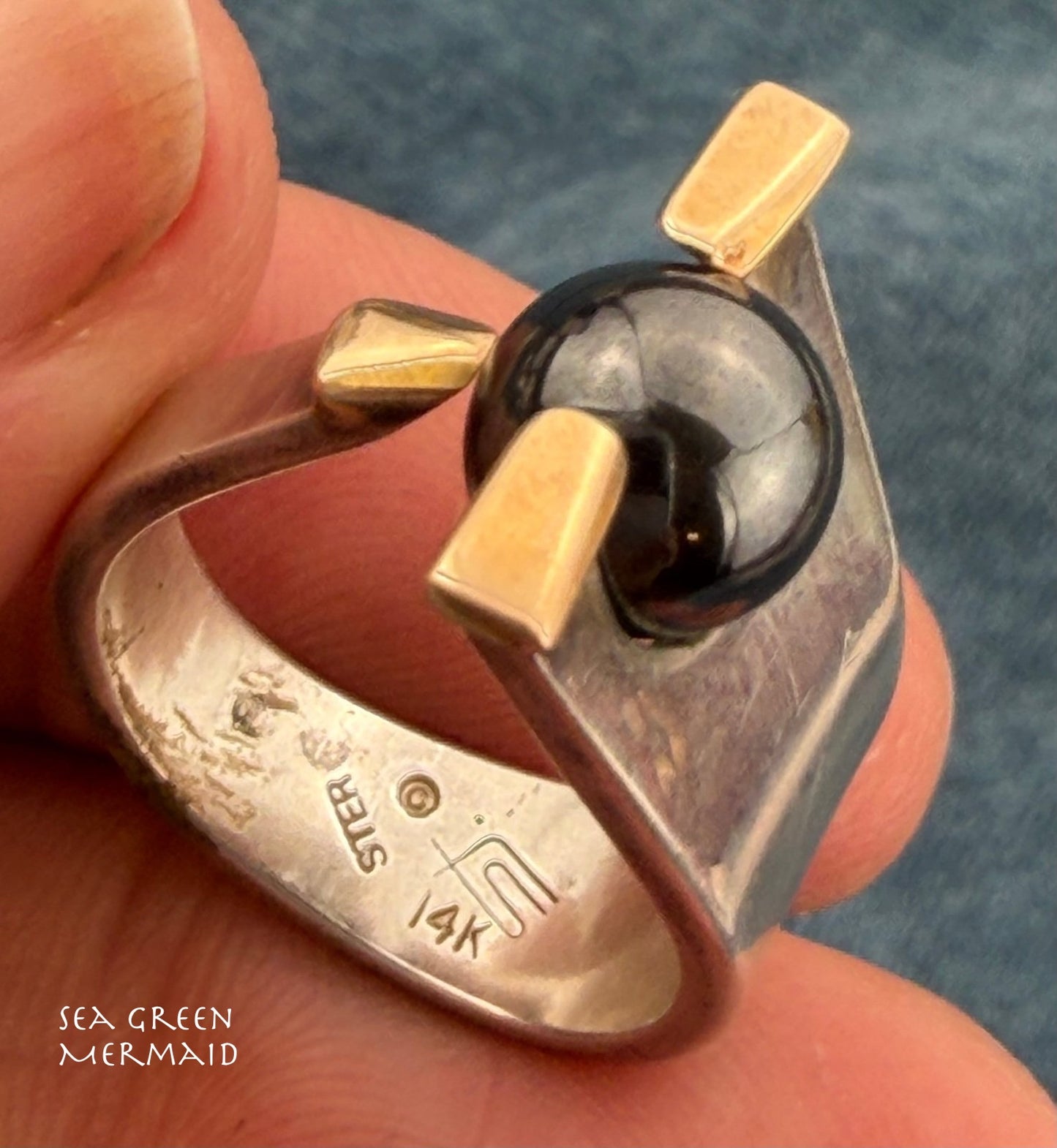 14k Yellow Gold + 925 Silver Hematite Ball Wide Ring. Modernist