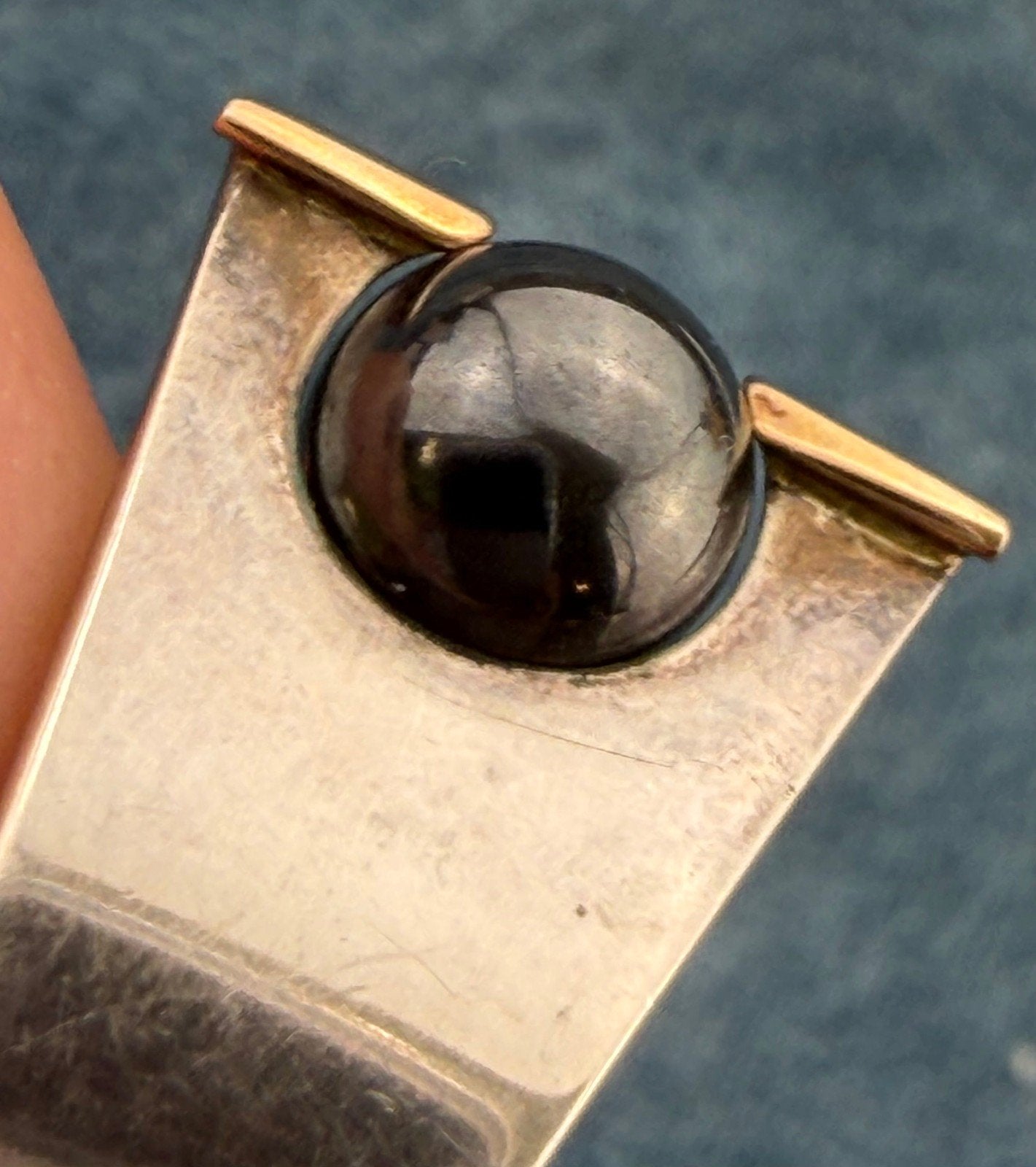 14k Yellow Gold + 925 Silver Hematite Ball Wide Ring. Modernist