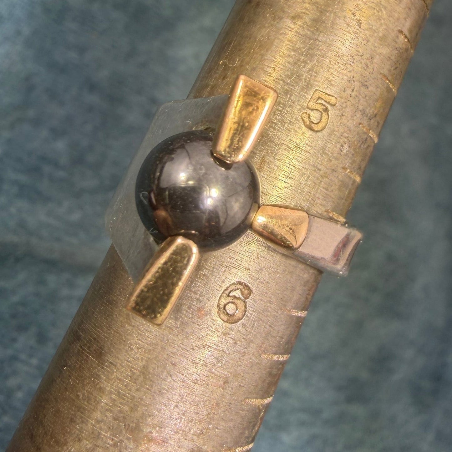 14k Yellow Gold + 925 Silver Hematite Ball Wide Ring. Modernist