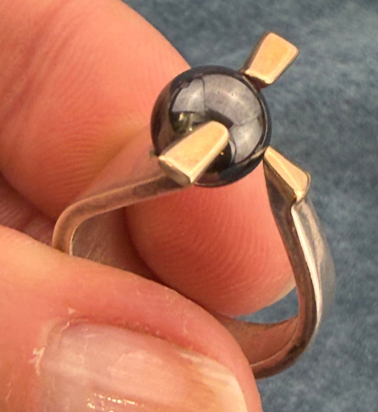 14k Yellow Gold + 925 Silver Hematite Ball Wide Ring. Modernist