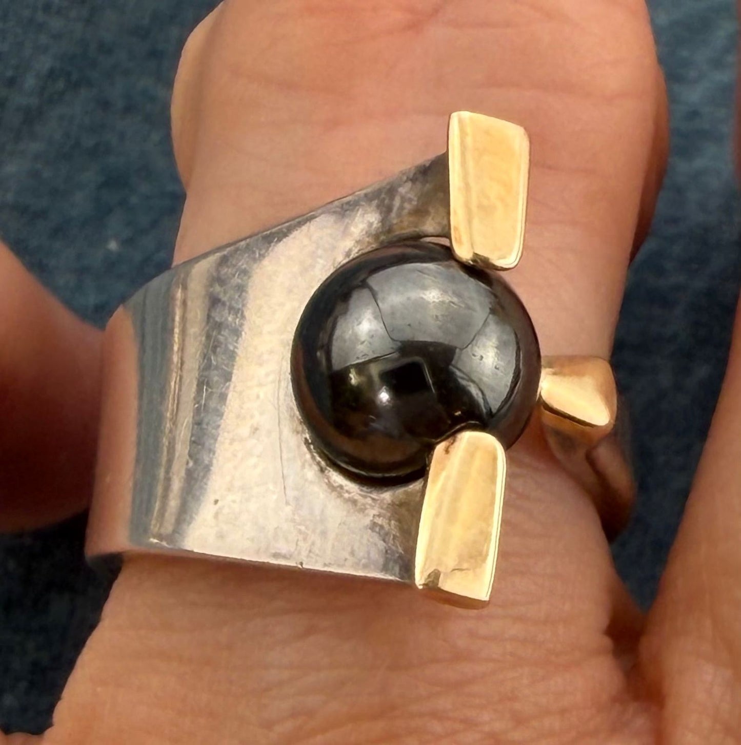 14k Yellow Gold + 925 Silver Hematite Ball Wide Ring. Modernist