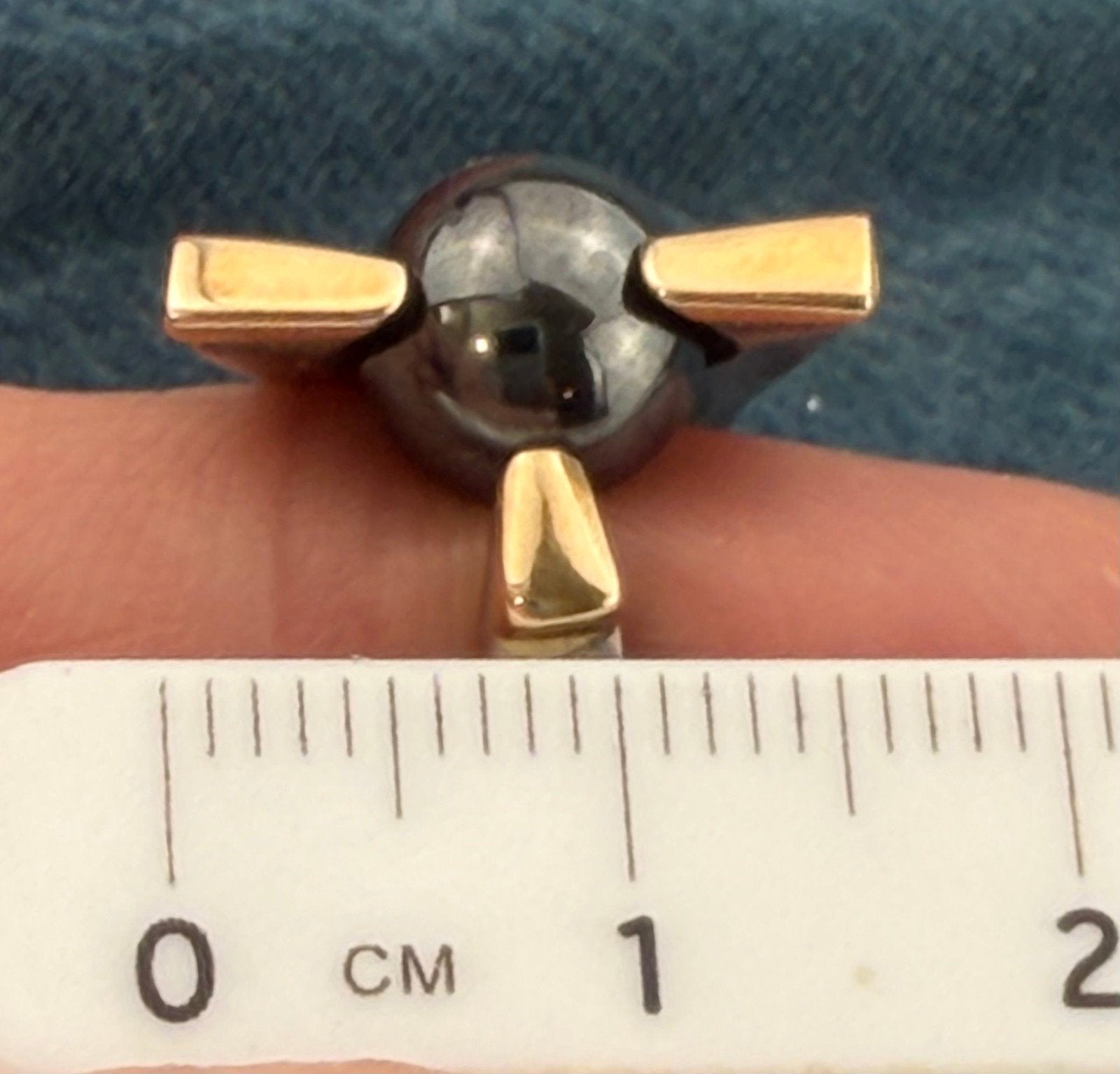 14k Yellow Gold + 925 Silver Hematite Ball Wide Ring. Modernist