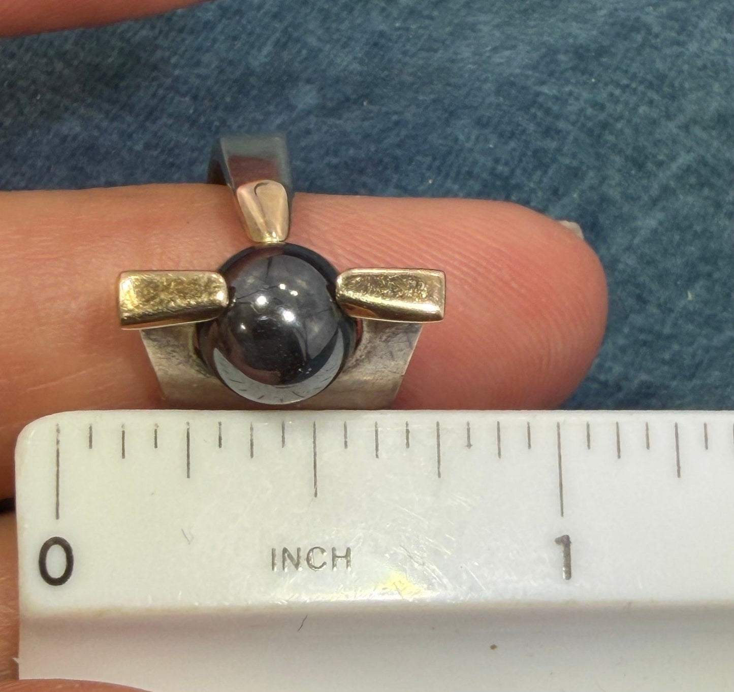 14k Yellow Gold + 925 Silver Hematite Ball Wide Ring. Modernist