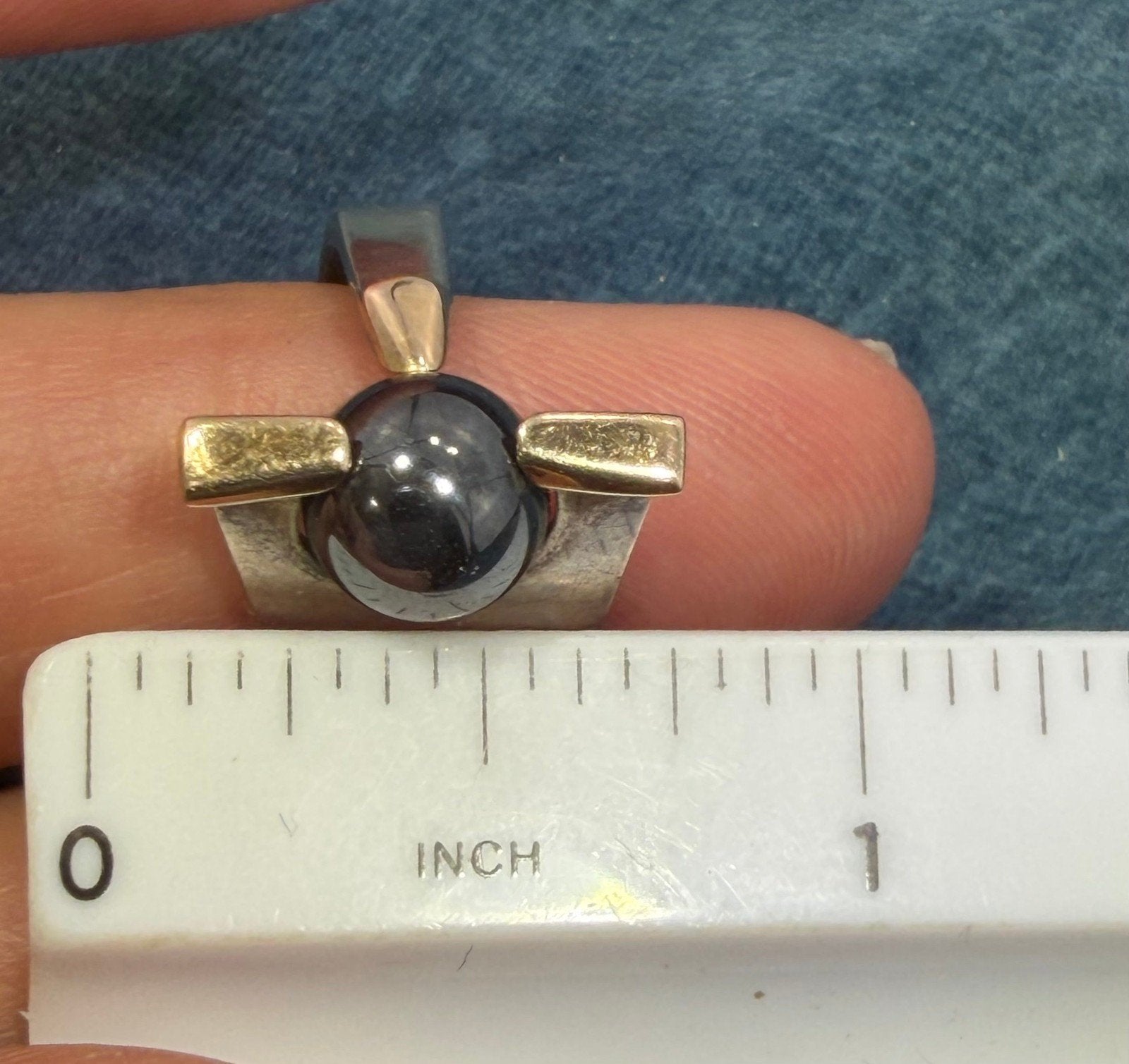 14k Yellow Gold + 925 Silver Hematite Ball Wide Ring. Modernist
