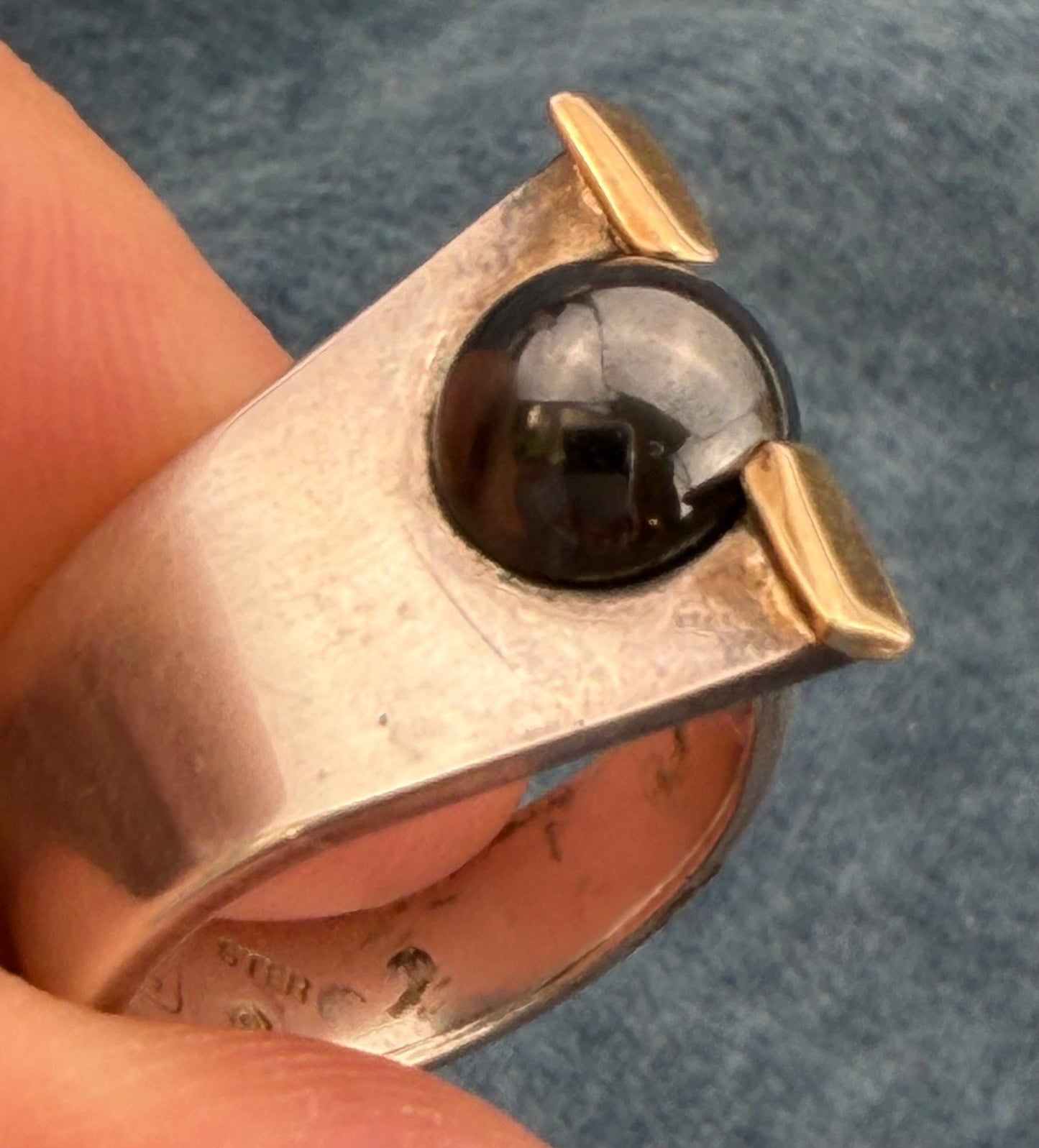 14k Yellow Gold + 925 Silver Hematite Ball Wide Ring. Modernist