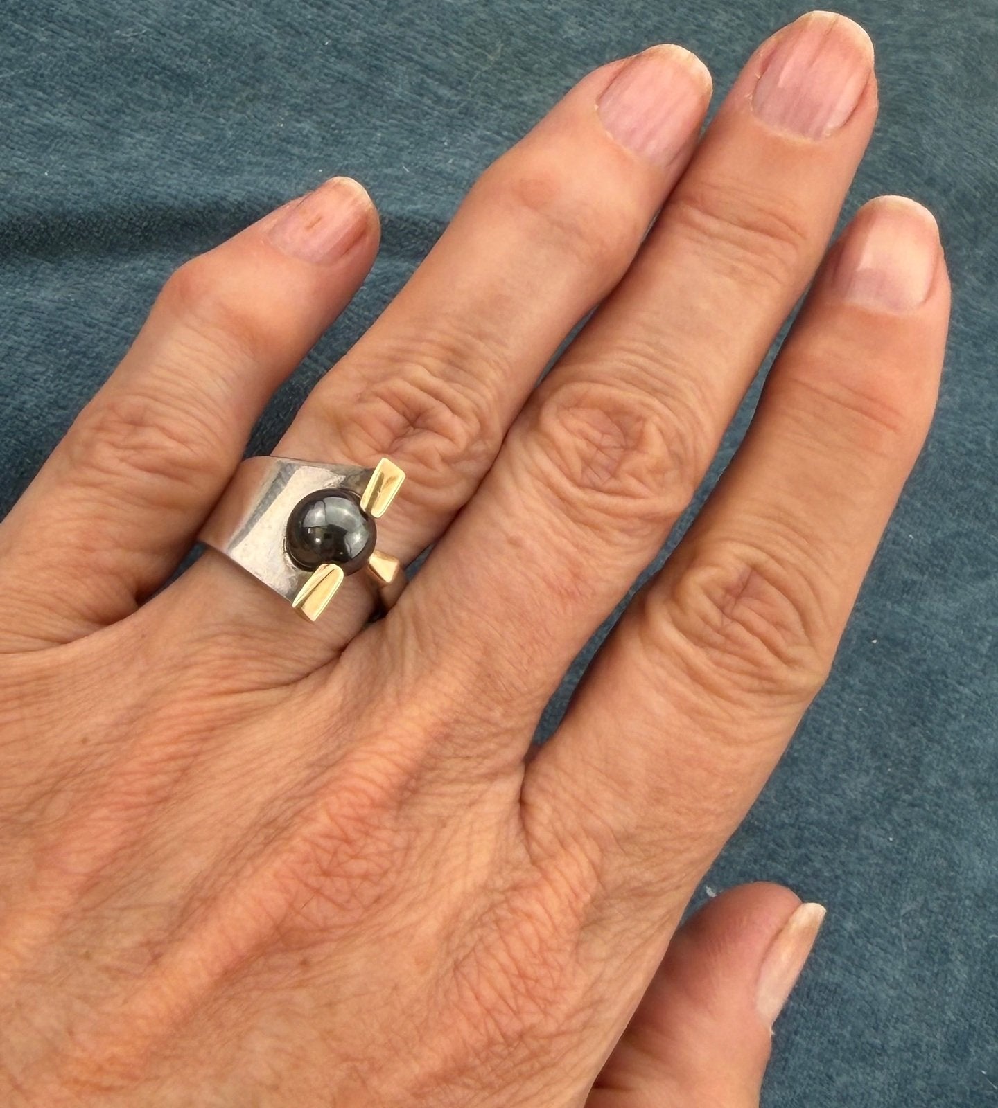 14k Yellow Gold + 925 Silver Hematite Ball Wide Ring. Modernist