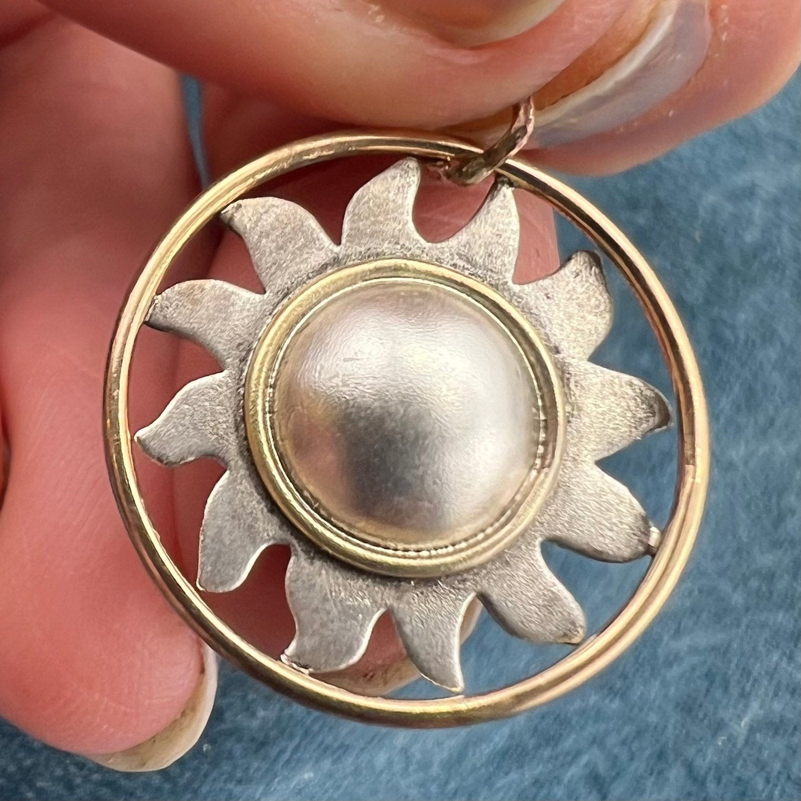14k Yellow Gold & 925 Sunburst Circle Pendant. Ed Levin *RARE*