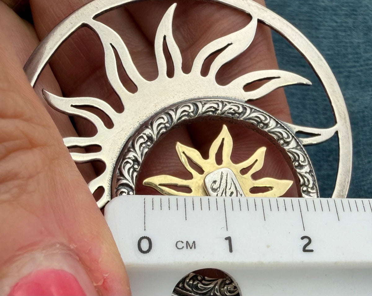 14k Yellow Gold & 925 Sunbursts Circle Pendant. 2" + 12g. Spins *Video*