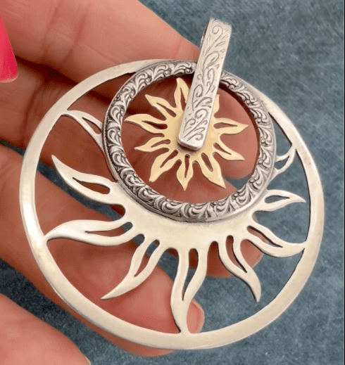 14k Yellow Gold & 925 Sunbursts Circle Pendant. 2" + 12g. Spins *Video*
