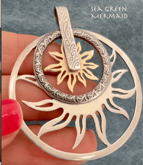 14k Yellow Gold & 925 Sunbursts Circle Pendant. 2" + 12g. Spins *Video*
