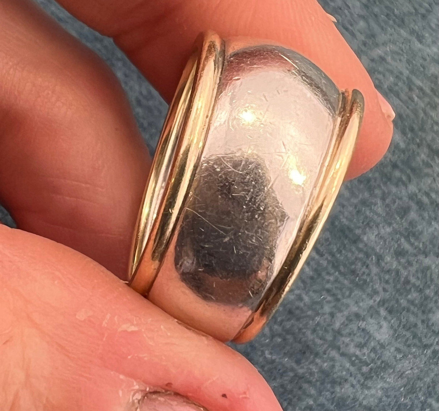 14k Yellow Gold + 925 Wide Cigar Band Ring. Designer 14mm + 9.7g