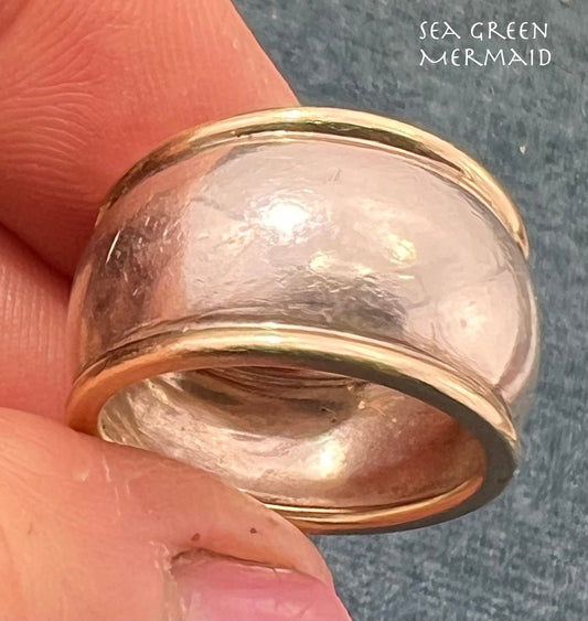 14k Yellow Gold + 925 Wide Cigar Band Ring. Designer 14mm + 9.7g