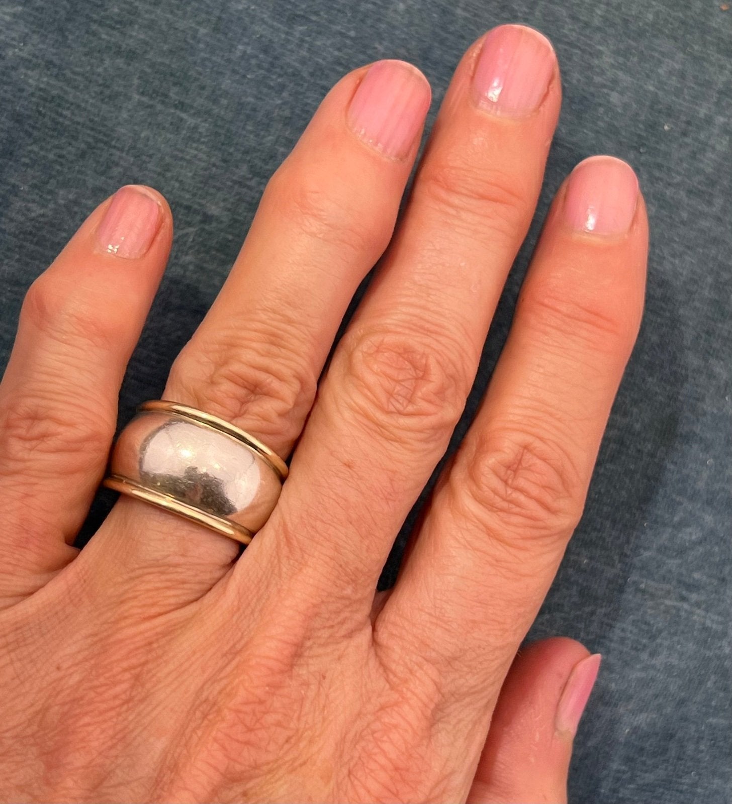 14k Yellow Gold + 925 Wide Cigar Band Ring. Designer 14mm + 9.7g