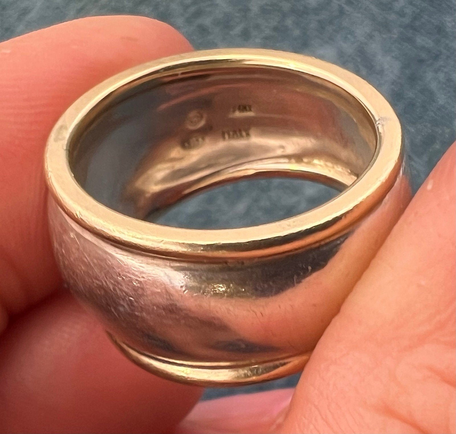 14k Yellow Gold + 925 Wide Cigar Band Ring. Designer 14mm + 9.7g