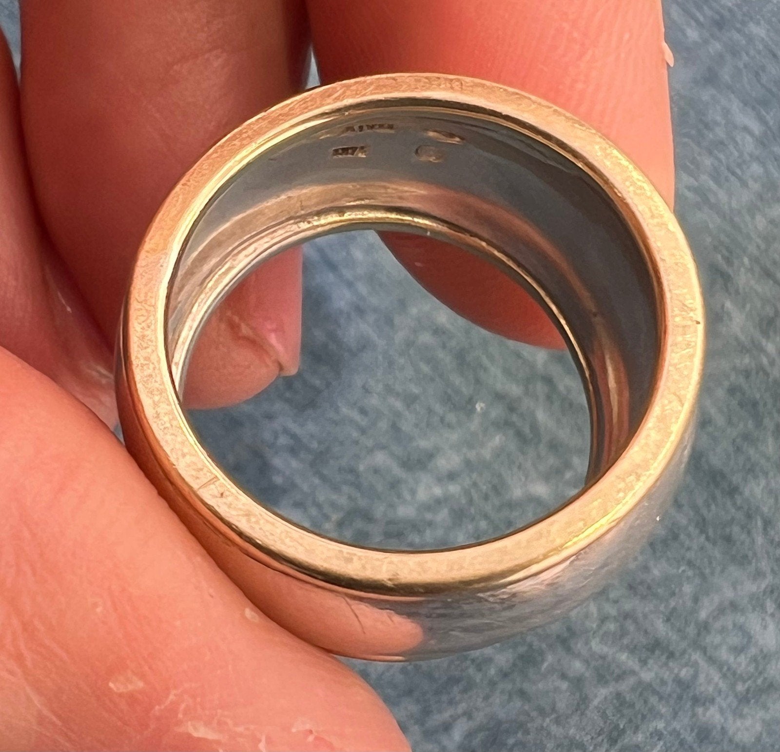 14k Yellow Gold + 925 Wide Cigar Band Ring. Designer 14mm + 9.7g