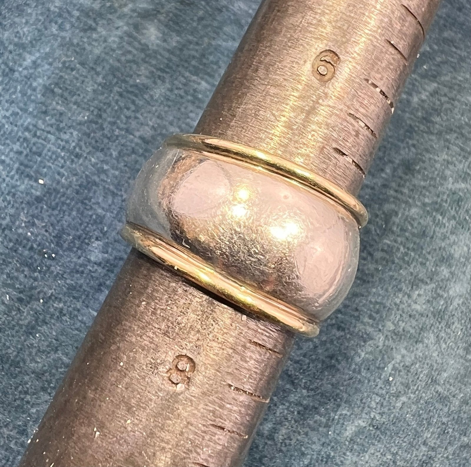 14k Yellow Gold + 925 Wide Cigar Band Ring. Designer 14mm + 9.7g