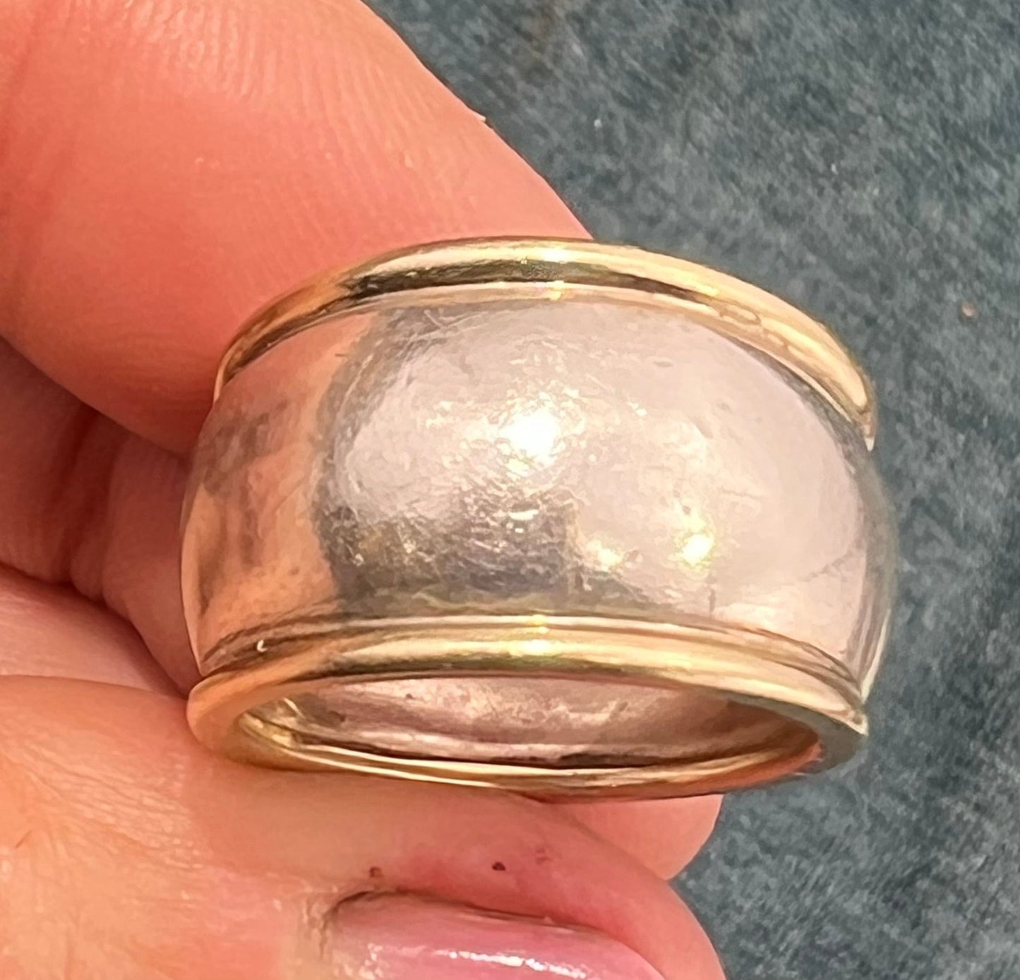 14k Yellow Gold + 925 Wide Cigar Band Ring. Designer 14mm + 9.7g