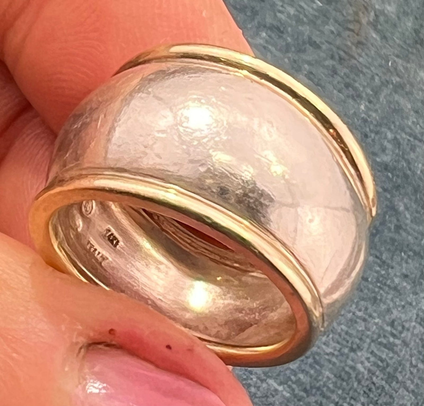 14k Yellow Gold + 925 Wide Cigar Band Ring. Designer 14mm + 9.7g