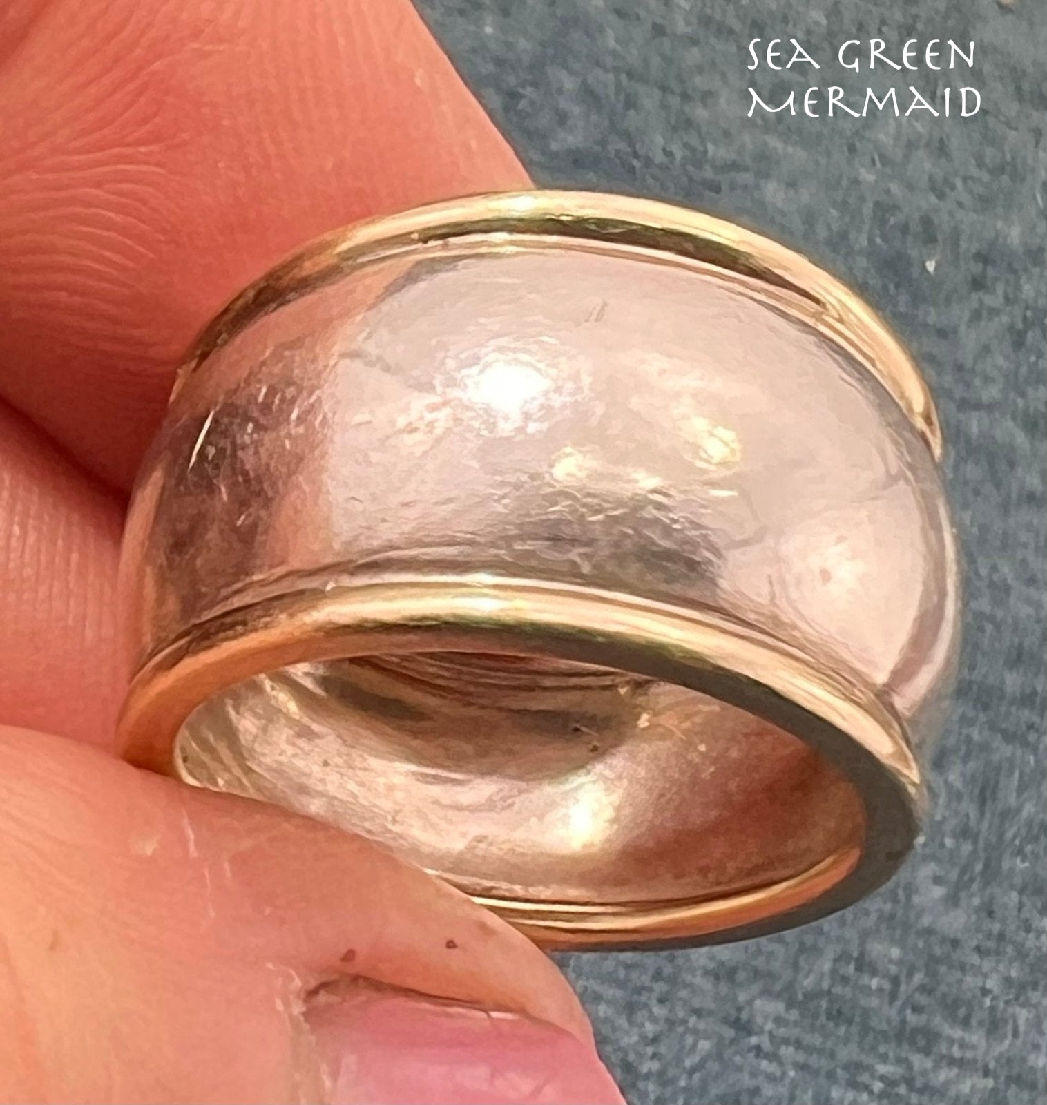 14k Yellow Gold + 925 Wide Cigar Band Ring. Designer 14mm + 9.7g