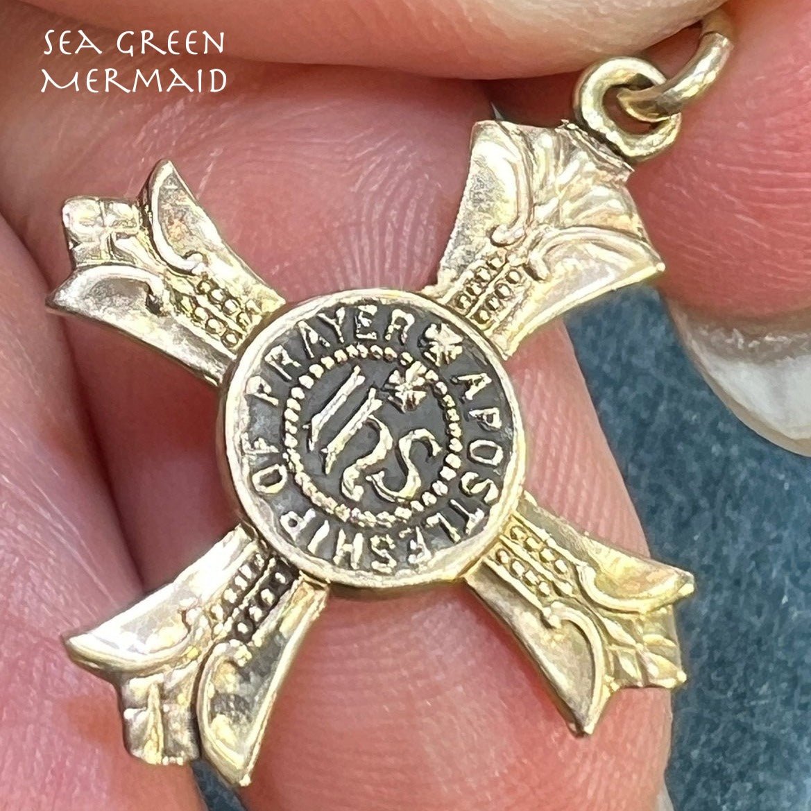 14k Yellow Gold Antique Cross Pendant. Apostles of Prayer