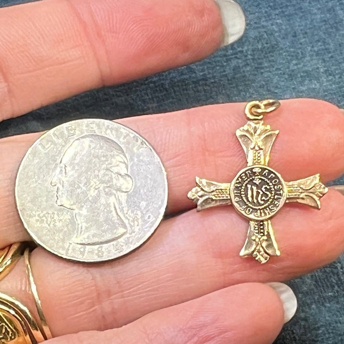 14k Yellow Gold Antique Cross Pendant. Apostles of Prayer