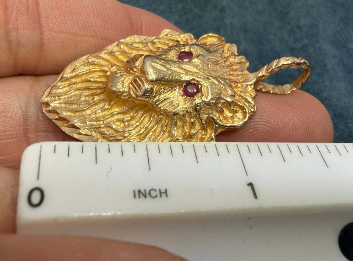 14k Yellow Gold Antique LION Aslan Pendant w Ruby Eyes. 1.5" *Video*
