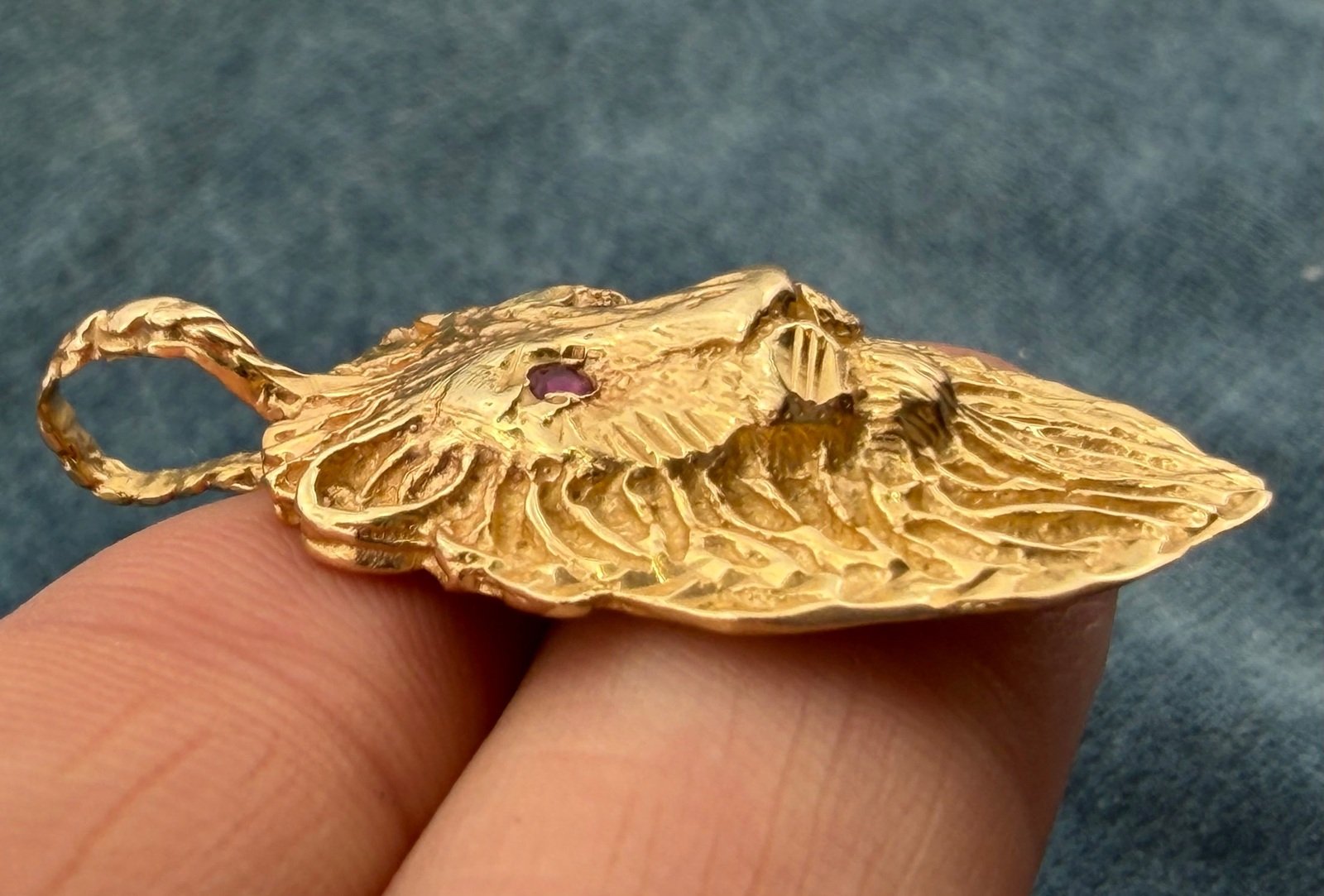 14k Yellow Gold Antique LION Aslan Pendant w Ruby Eyes. 1.5" *Video*