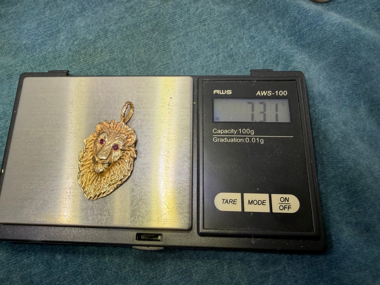 14k Yellow Gold Antique LION Aslan Pendant w Ruby Eyes. 1.5" *Video*