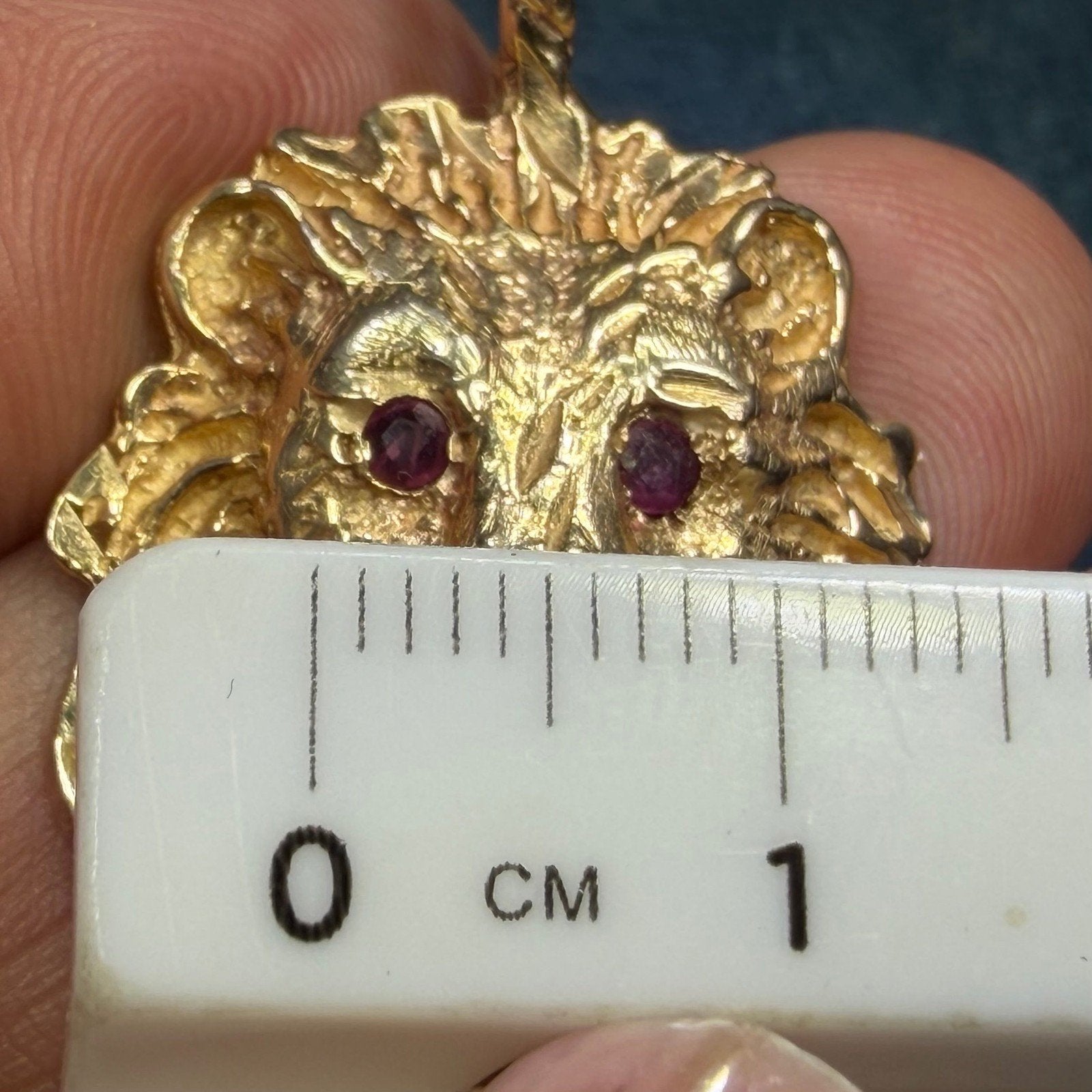 14k Yellow Gold Antique LION Aslan Pendant w Ruby Eyes. 1.5" *Video*