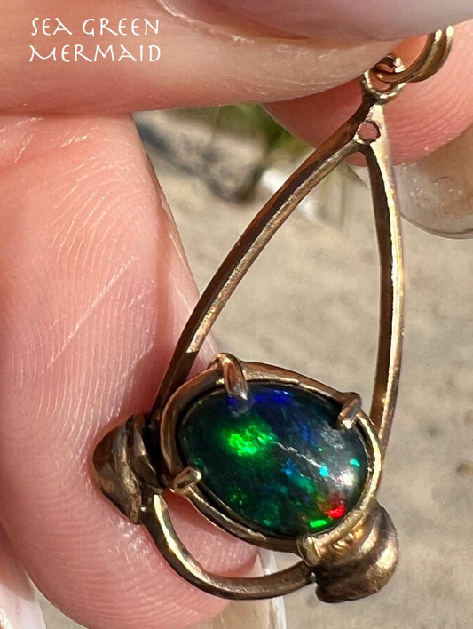 14k Yellow Gold Australian Black Opal Antique Pendant *VIDEO* E