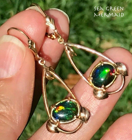 14k Yellow Gold Australian Black Opal Dangly Earrings *VIDEO*