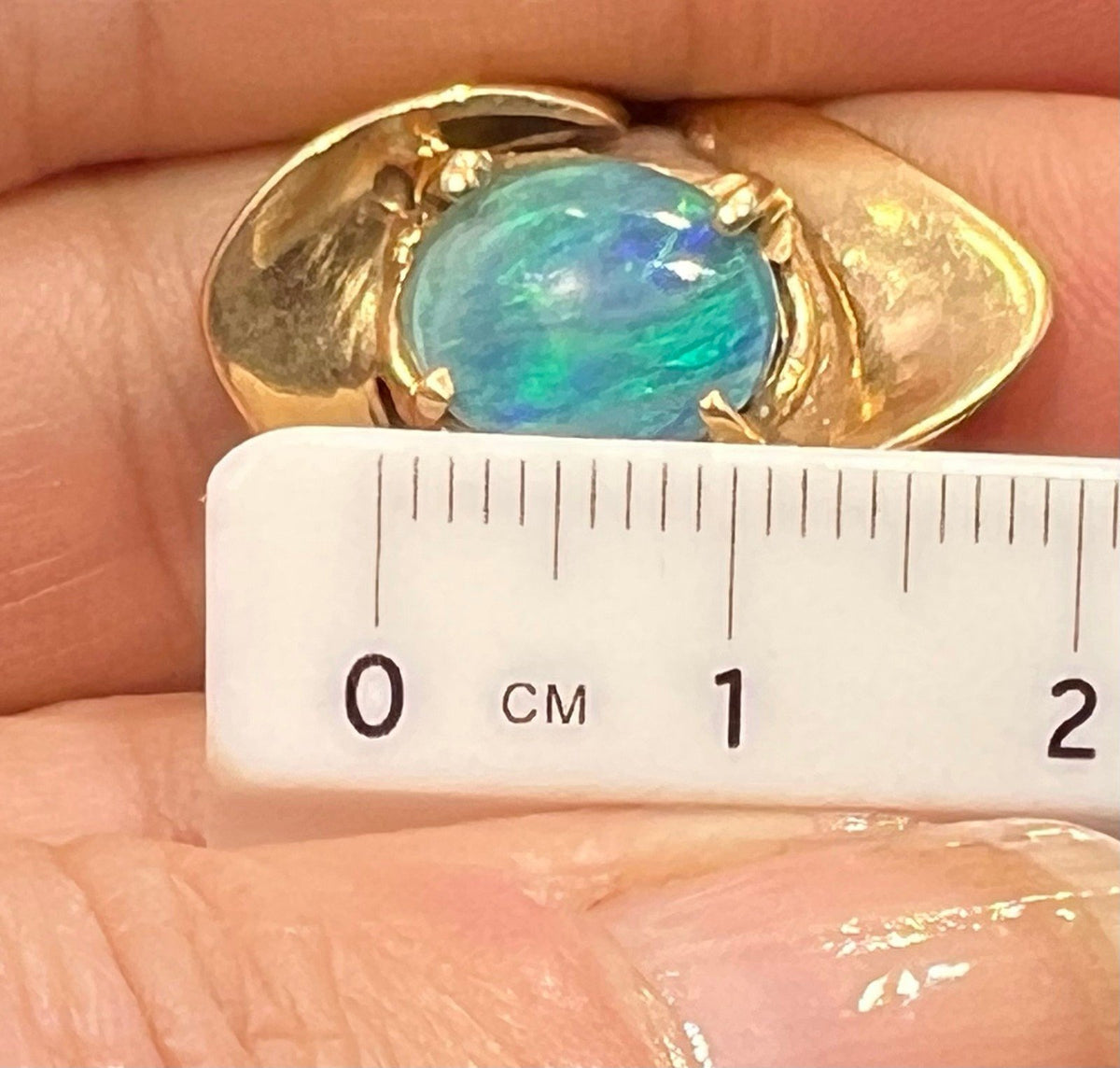 14k Yellow Gold Australian Black Opal Triplet Modernist Ring. 1" + 7.3g