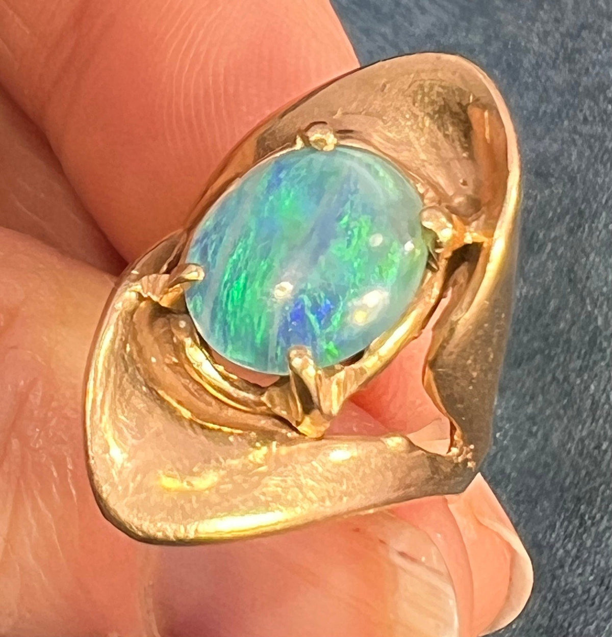 14k Yellow Gold Australian Black Opal Triplet Modernist Ring. 1" + 7.3g