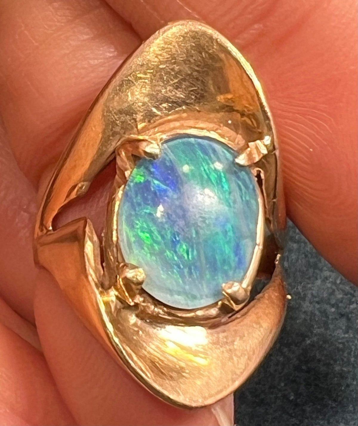 14k Yellow Gold Australian Black Opal Triplet Modernist Ring. 1" + 7.3g