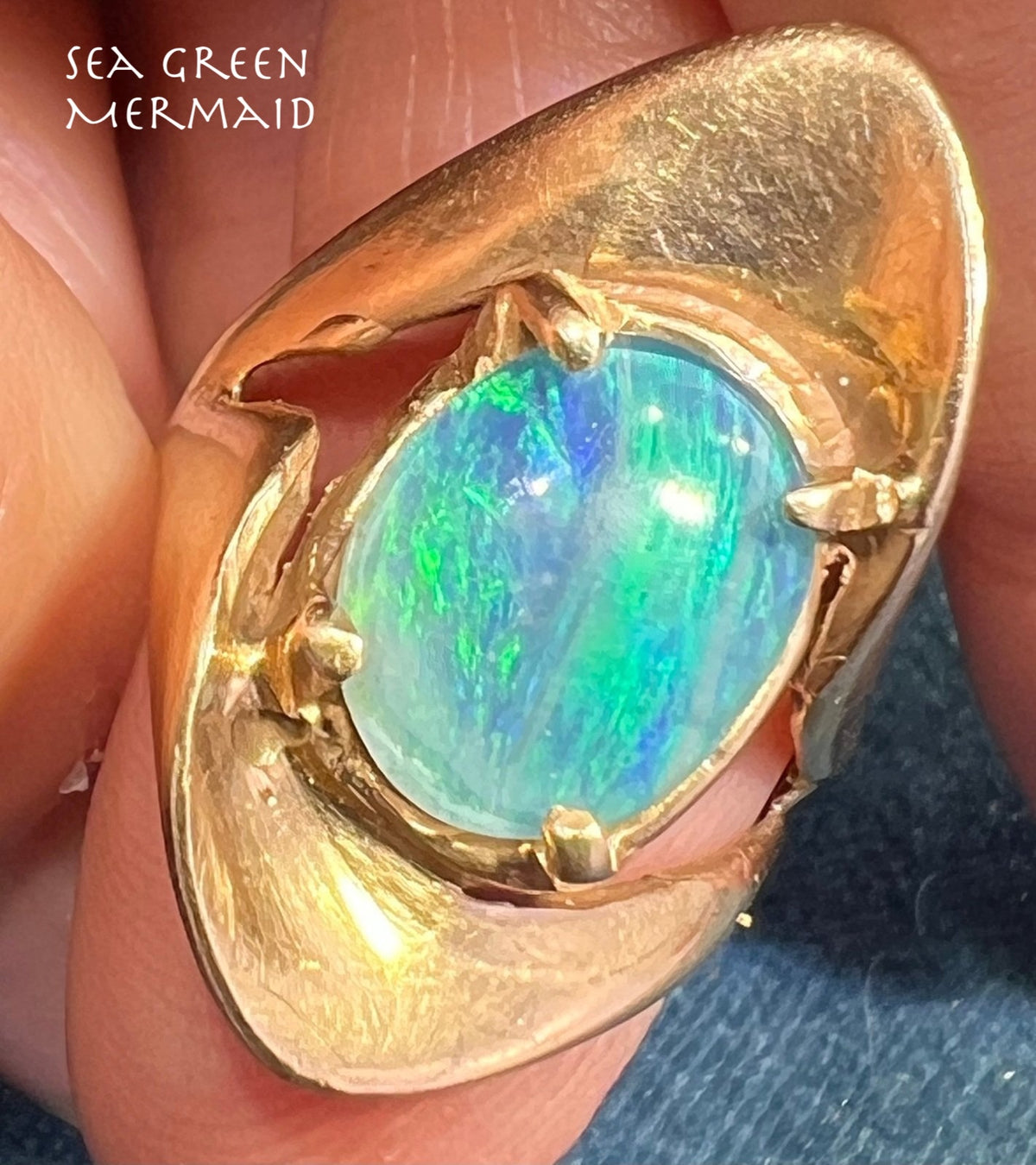 14k Yellow Gold Australian Black Opal Triplet Modernist Ring. 1" + 7.3g