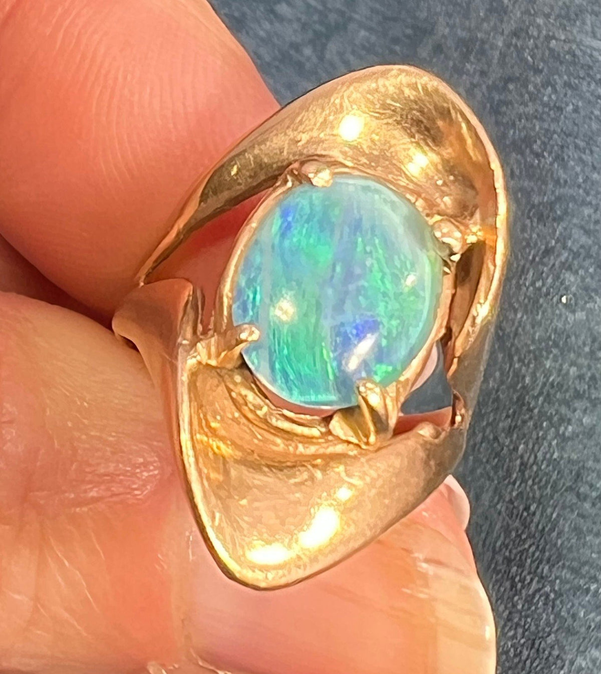 14k Yellow Gold Australian Black Opal Triplet Modernist Ring. 1" + 7.3g
