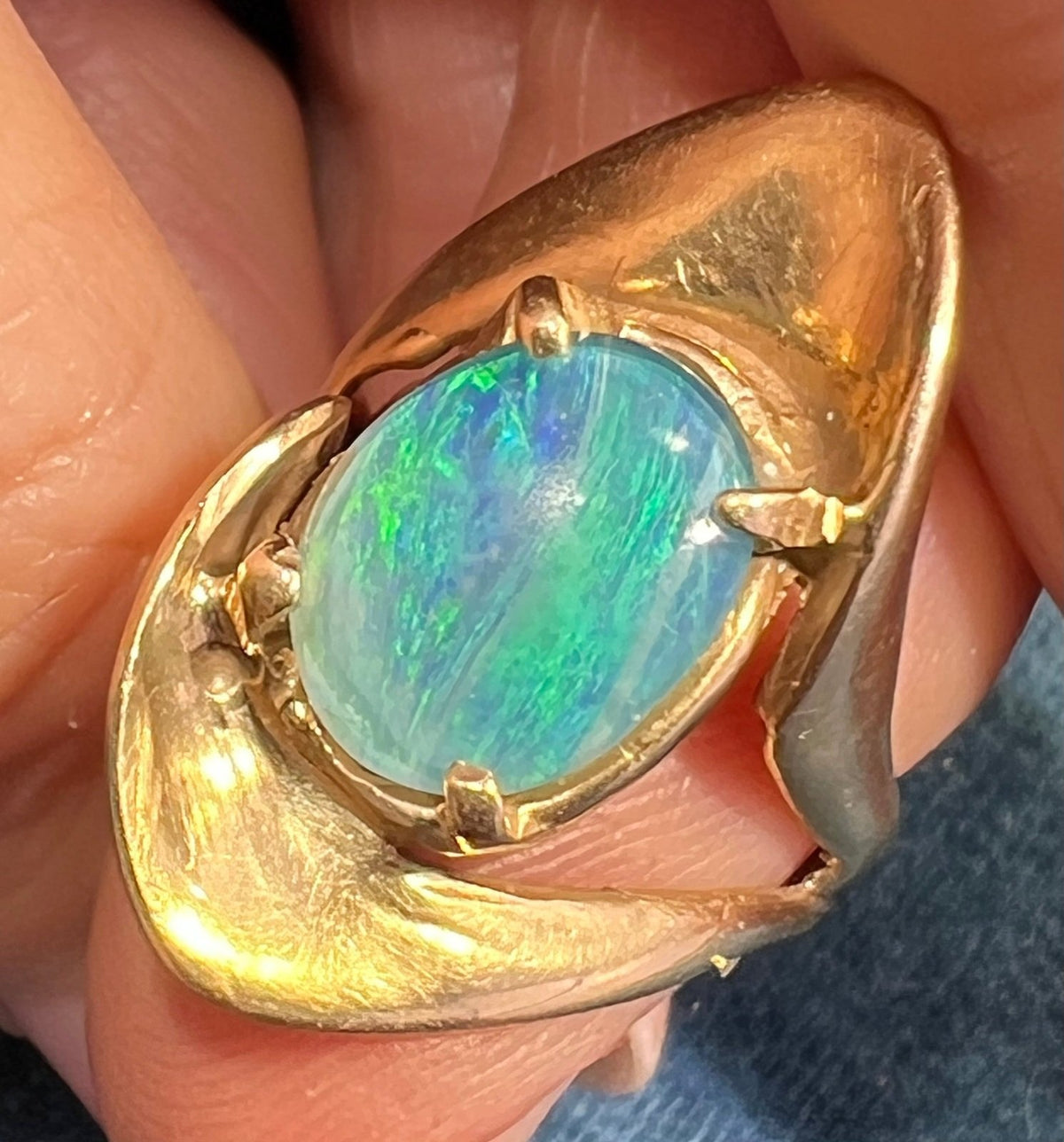 14k Yellow Gold Australian Black Opal Triplet Modernist Ring. 1" + 7.3g