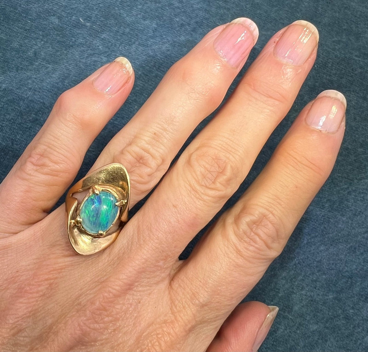 14k Yellow Gold Australian Black Opal Triplet Modernist Ring. 1" + 7.3g